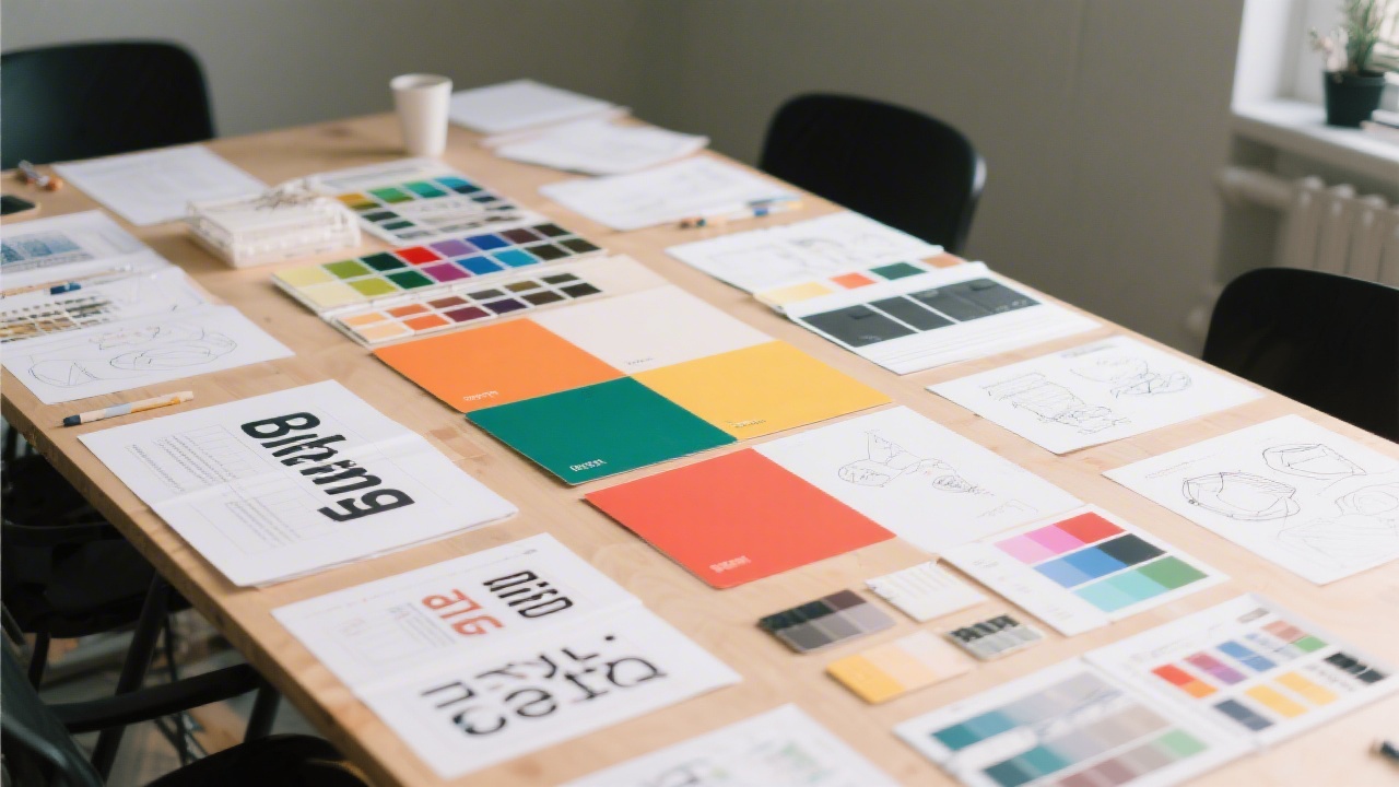 Creative brand workshop table with color palettes, typography samples, and layout sketches, representing structured brand and content education for agencies.