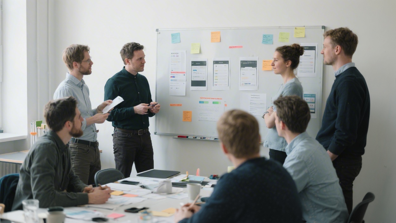 Small group of designers and product managers around a whiteboard with printed UI screens, discussing feedback and arranging components during a collaborative design workshop in Dublin.
