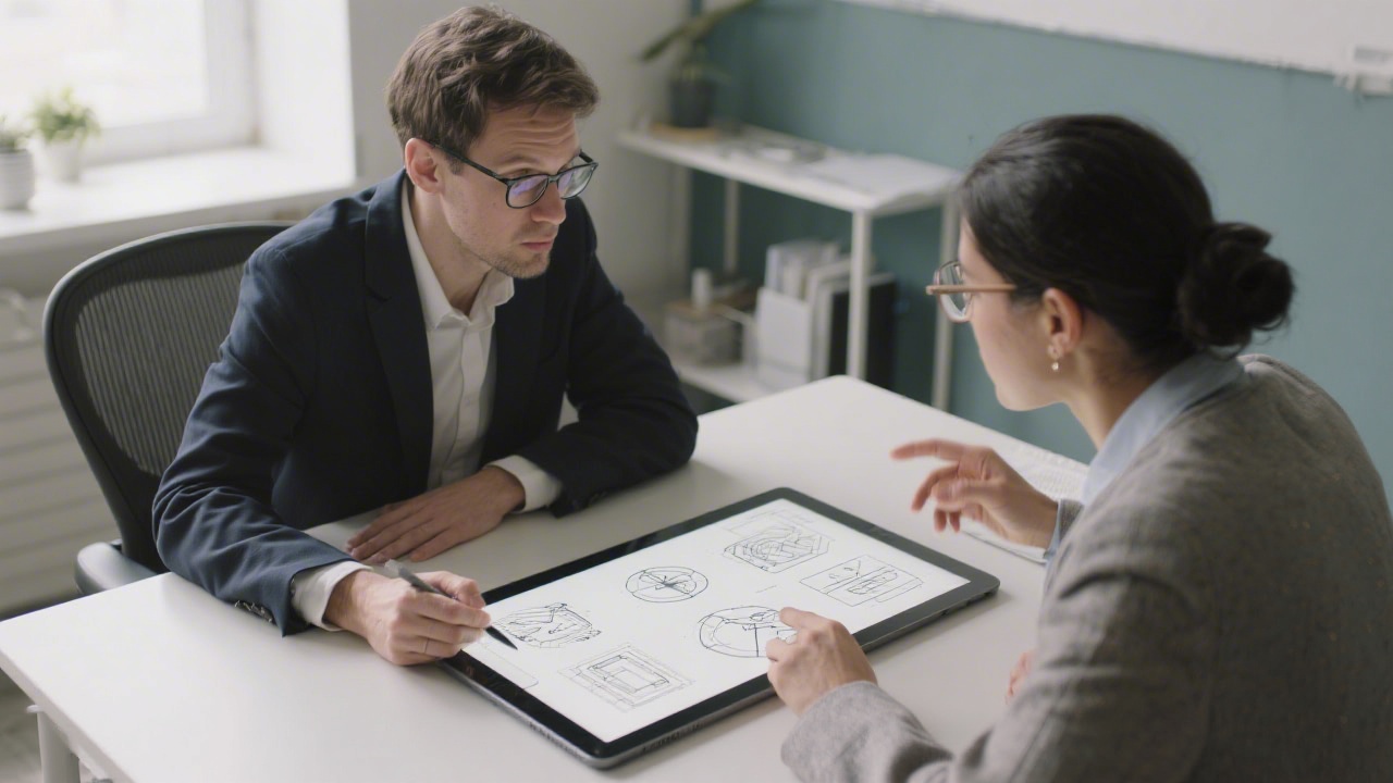 Consulting session with two professionals discussing design prototypes on a large tablet, reflecting trust, collaboration, and professional education values.